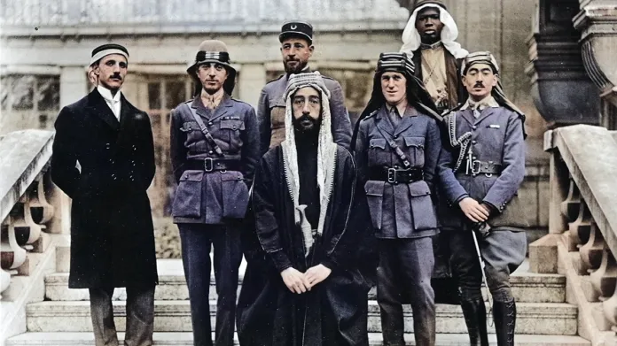 Emir Faisal's Paris Peace Conference delegation at Versailles in 1919. Image Lowell Thomas Collection. Colorized by CoinWeek.