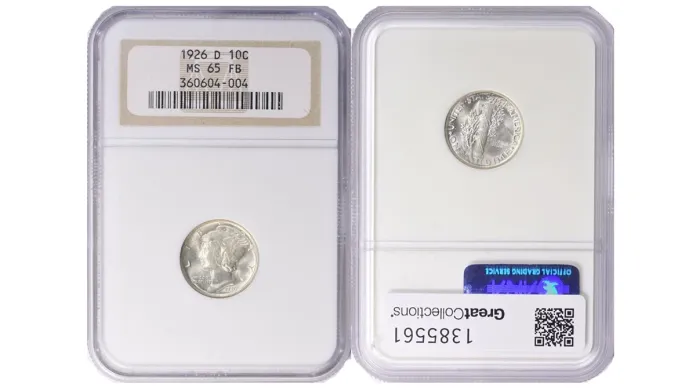 1926-D Mercury Dime graded NGC MS65FB. Image: GreatCollections.