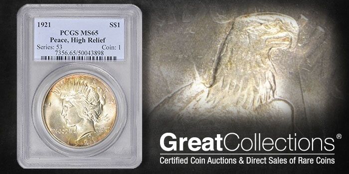 GreatCollections 1921 Peace Dollar , High Relief - PCGS MS65