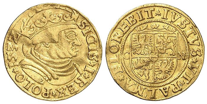No. 2851: Poland. Sigismund I, 1506-1548. Ducat 1532, Kraków. Phoibos Collection. Extremely rare. Slightly bent, very fine. Estimate: €20,000. Hammer price: €70,000