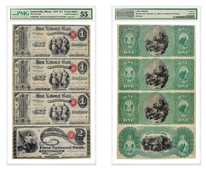 Uncut sheet of four Jacksonville, Illinois First Charter National Bank Notes ($1, $1, $1 and $2) with Serial Number 1, pedigreed to the Grinnell Collection and graded PMG 55 About Uncirculated. (Images courtesy of PMG)