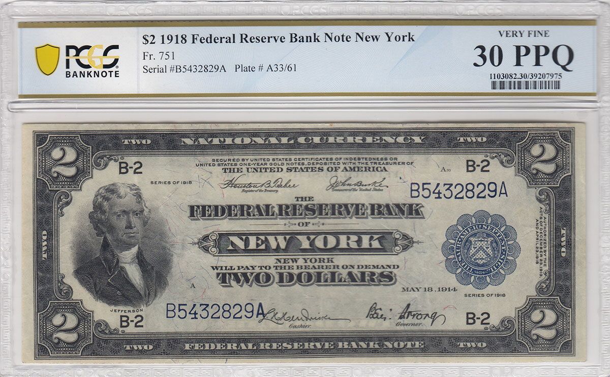 Face of Series of 1918 "Battleship Note" $2 New York Federal Reserve Bank Note. Image courtesy of Heritage Auctions