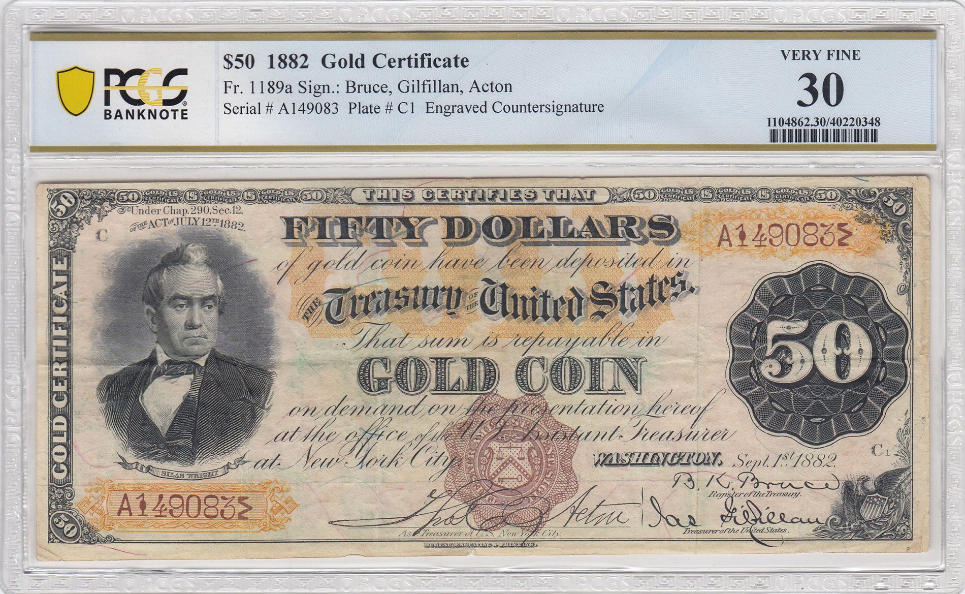 1882 $50 Gold Certificate, PCGS Very Fine 30