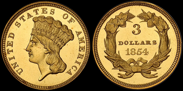 1854 Proof 3 Dollar Gold. PCGS PR65CAM. Image: Doug Winter.