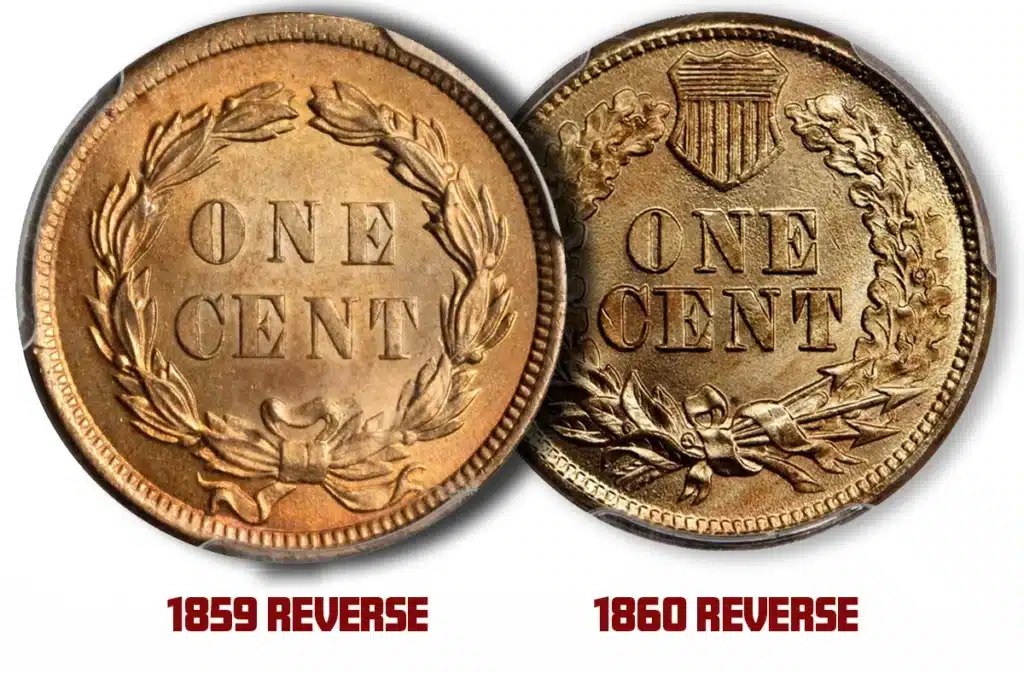 Left: 1859 Indian Head "Laurel Wreath" reverse. Right: 1860 Indian Head "Oak Wreath and Shield" reverse. Image: Stack's Bowers / CoinWeek.