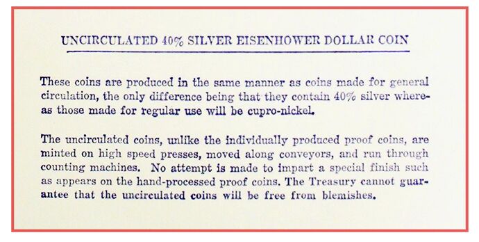 Note from the Mint Bureau regarding the Uncirculated 40% silver Eisenhower Dollar. Image courtesy United States Mint.