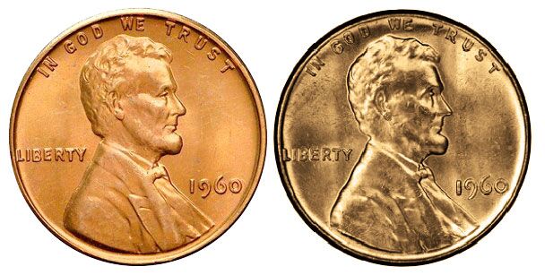 1960 Small Date Lincoln cent (left). 1960 Large Date (right).