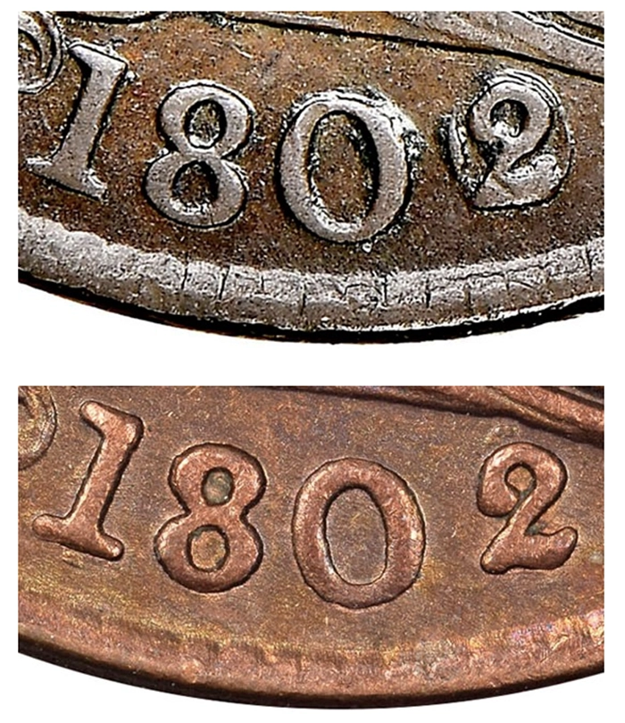 The lack of an underdate is a clear indication that the bottom coin is counterfeit.