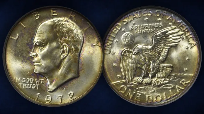 The D. Brent Pogue 1972-S Eisenhower Dollar displays pleasing peacock toning. Image: Stack's Bowers / CoinWeek.