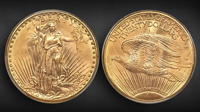 1927-D Saint-Gaudens Double Eagle $20 Gold Coin. This example, graded PCGS MS66, realized $4,400,000 at an April 22, 2022 Heritage Auction. Image: Heritage Auctions.