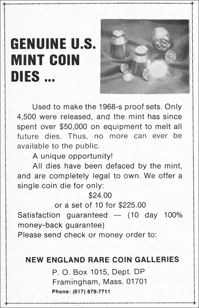 New England Rare Coin Galleries ad offering cancelled coin dies as published in the October 1974 issue of The Numismatist.