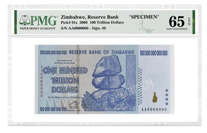 Zimbabwe 100 Trillion Dollars Specimen Note. Image: PMG.