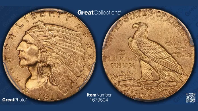 1911-D Indian Head Quarter Eagle, Strong D. Image: GreatCollections.