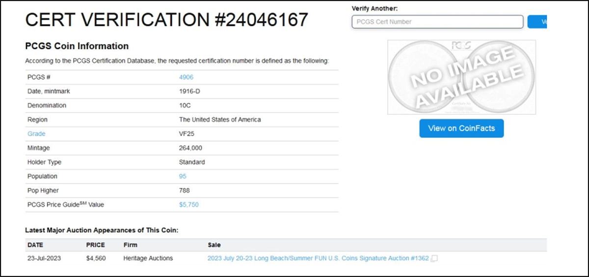 PCGS Certification Information for #24046167.