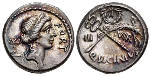 Rome: Republic. Q. Sicinius. Early 49 BCE. AR Denarius (17mm, 3.95 g, 12h). Rome mint. Obverse: Diademed head of Fortuna Populi Romani right, FORT in front, P·R T behind. Reverse: Palm frond and winged caduceus, bound with fillet, in saltire, wreath with fillet above, III VIR at right and left, Q·SICINIVS at bottom.