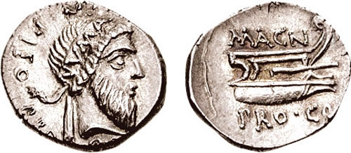 Rome: Republic (Imperatorial). Gnaeus Pompeius Magnus (Pompey the Great). 49-48 BCE. AR Denarius (3.94 gm, 12h). Mint in Greece. Obverse: Diademed and bearded head of Numa Pompilius right, NVMA on diadem, CN. PISO. PRO. Q behind. Reverse: Ship’s prow facing right, MAGN above, PRO. CO[S] below.