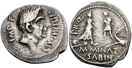 Rome: Republic (Imperatorial). Gnaeus Pompeius Magnus (Pompey the Great). 46-45 BCE. AR Denarius (20mm, 3.49 g, 3h). Corduba mint. Obverse: Bare head of Pompey the Great right, CN•MAGN at right, IMP F at left. Reverse: Personification of Corduba standing right among pile of arms, holding sceptre and welcoming Pompeian soldier who disembarked from stern of ship to right, PR•Q to left, M•MINAT SABIN below.