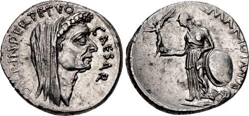 Rome: Republic. The Caesarians. Julius Caesar. February-March 44 BCE. AR Denarius (17mm, 3.76 g, 6h). Rome mint. C. Cossutivs Maridianus, moneyer. Obverse: Wreathed and veiled head of Caesar right, CAESAR downward in front, DICT • IN • PERPETVO upward behind. Reverse: Venus Victrix standing left, holding Victory in outstretched right hand and resting left arm on shield set on globe, C MARIDIANVS downward behind.