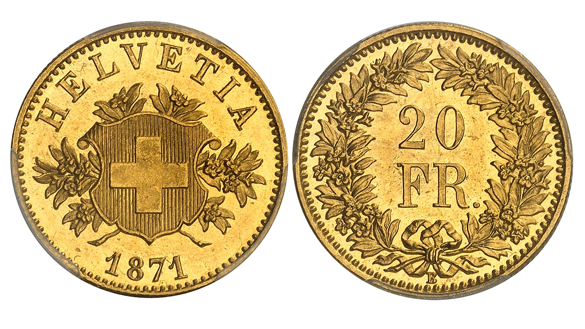 No. 1689. Switzerland. Pattern of 20 francs 1871, Brussels. PCGS SP64. Estimate: CHF 10,000. Photo: Lübke + Wiedemann KG.