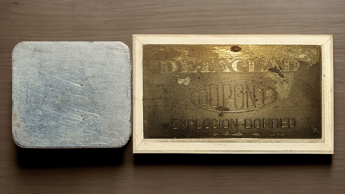 Examples of DuPont’s laminated coinage material (left), and a promotional bar of a non-coinage composition. The rolled coinage metal is approximately 19mm x 19mm x 1.3mm; other known examples are similarly sized. The thick, imprinted block at right shows a sample of Detaclad before rolling to its final thickness. (Courtesy Heritage Auctions.)