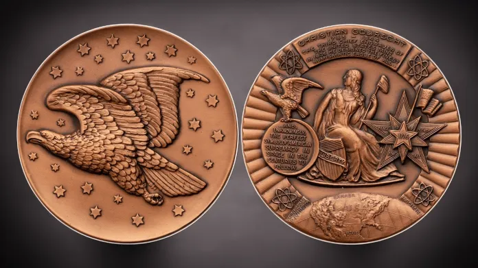 Figure 6. A large copper commemorative medal celebrating Gobrecht’s Flying Eagle and Seated Liberty designs, produced by Metal Arts Co. in 1962. ANS 1983.101.22.