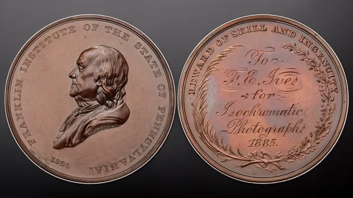 Figure 2. Bronze Franklin Institute Award medal, engraved by Christian Gobrecht in 1824. This particular example was awarded to F.E. Ives in 1885 for advancements in photography. ANS 0000.999.18212.