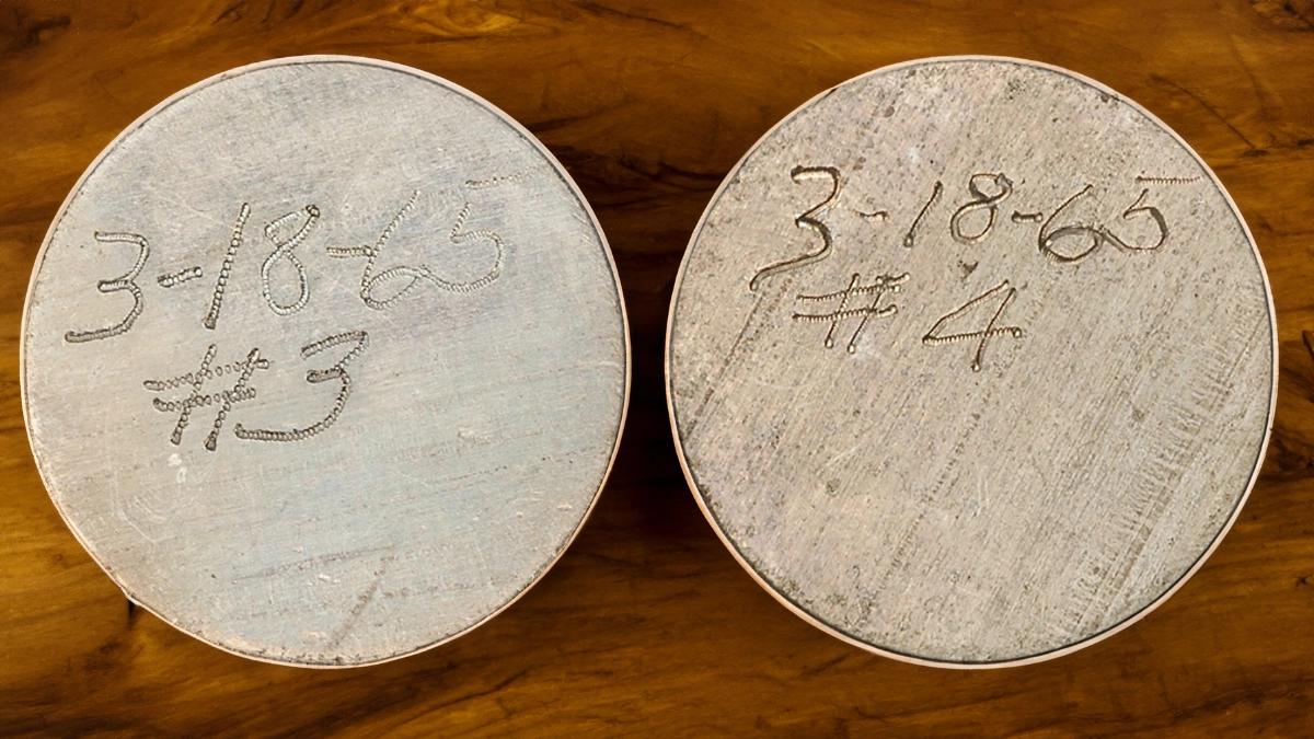 Blanks prepared from two different coils of DuPont explosion bonded copper core cupper-nickel clad material. These samples were received by National Rejector Co. from Inco in March 1965.