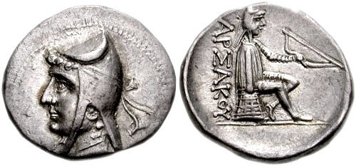 Figure 5. KINGS of PARTHIA. Mithradates I. Circa 171-132 BC. AR Drachm (19mm, 4.36 gm, 12h). Hekatompylos mint.