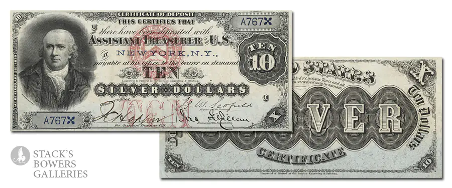 Rare Fr. 284 “Triple Signature” Series 1878 $10 Silver Certificate of Deposit in Stack's Bowers Galleries March 2025 Showcase Auction