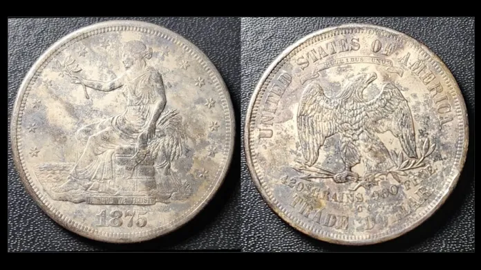 Counterfeit 1875-CC Trade Dollar. Not certified by PCGS.  Image: Jack Riley.