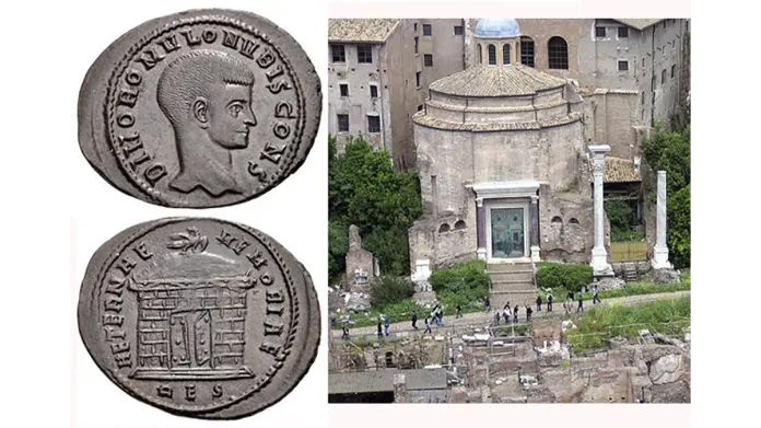 Figure 6: Divus Romulus. Died CE 309. Æ Follis (5.71 g.). Rome mint, Minted by Maxentius,AD 310-311. Bare head right / Domed shrine with right door ajar; on dome, eagle standing right,

head left, RIC VI 257. Photo of the Temple of Romulus.