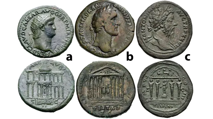 Figure 4: a) Nero (54-68 CE), Dupondius (15.25g.), Rome, circa AD 64. Radiate head right /Façade of the Macellum Magnum; MAC AVG above, RIC 184. b) Antoninus Pius (138-161),
AE sestertius (24.42g.), 150-151, Rome. Head r. / Octastyle temple in Corinthian style, on a
three-step base (Hadrianeum). Inside, the statues of Hadrian and Sabina. On either side of the
building, two palm trees. RIC 873. c) Marcus Aurelius (161-180), Sestertius. Rome AD 172-
173. AF (a 23.60 mm 34 h 11). Laureate bust r. / Mercury standing I. on pedestal, holding
caduceus and purse, within a tetrastyle temple. On tympanum, a tortoise, cock, ram, caduceus,

winged helmet and purse in field, RIC 1075.