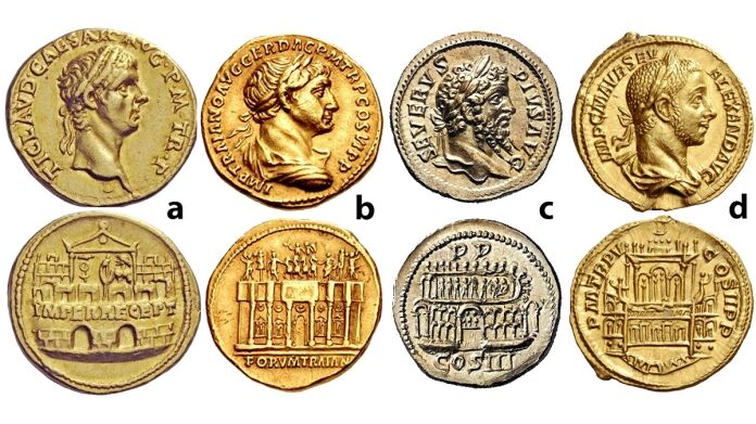 Figure 5: a) Claudius, 41-54. Aureus 41-42, AV (7.69 g.).Laureate head r. Rev. IMPER RECEPTinscribed on praetorian camp, at the door of which stands a soldier with a standard, RIC 7; b)
Trajan. AD 98-117. AV Aureus (7.26 g.). Rome mint. Struck circa AD 112-113. Laureate,
draped, and cuirassed bust right / FORM TRAIN in exergue, Arcus Traiani (triumphal entrance)
of the Forum Traiani: hexastyle building façade; surmounted by statue of facing chariot drawn by
four horses between two figures flanking trophy on either side: four statues within arches below.
RIC 255 var.; c) Septimius Severus, 193-211, AV- Aureus, 204, Rome, (7.18 g.). Head right
with laurel wreath / Stadium Domitiani, in the middle entrance gate between two-story arcades, a
round arch on each side, above that a staggered view of the interior with three runners, RIC 260;
d) Severus Alexander, 222 - 235. AV Aureus (6.69 g.), 226 CE. Laureate and draped bust r.
Nymphaeum of Severus Alexander on which both sides are seen in perspective: in center. Three
arches, the central arch containing two statues, the side arches one statue, on roof facing quadriga,

to I. and r. three pieces of statuary, RIC 58.