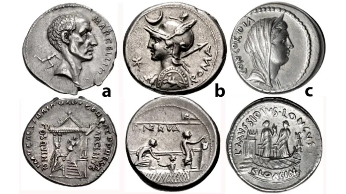 Figure 2: Ancient Roman Republic: a) Restored issue of M. Claudius Marcellus by Trajan, CE107 or 112/113, AR Denarius (3.47 g), Rome. Bare head of the consul M. Claudius Marcellus
right; triskeles to left / M. Claudius Marcellus advancing right, carrying trophy into tetrastyle
temple of Jupiter Feretrius. RIC I 809; b) P. Nerva. 113-112 BCE. AR Denarius (3.91 g.). Rome
mint. Helmeted bust of Roma left, holding shield and spear; crescent above, mark of value to left
/ Three citizens voting on comitium: one voter receives ballot from attendant below, another voter
places ballot in cista. Crawford 292/1: c) L Mussidius Longus AR Denarius, (42 BCE).
Diademed & veiled bust of Concordia right / Platform inscribed CLOACIN on which there are

two statues of Venus Cloacina. Cr494/42a.