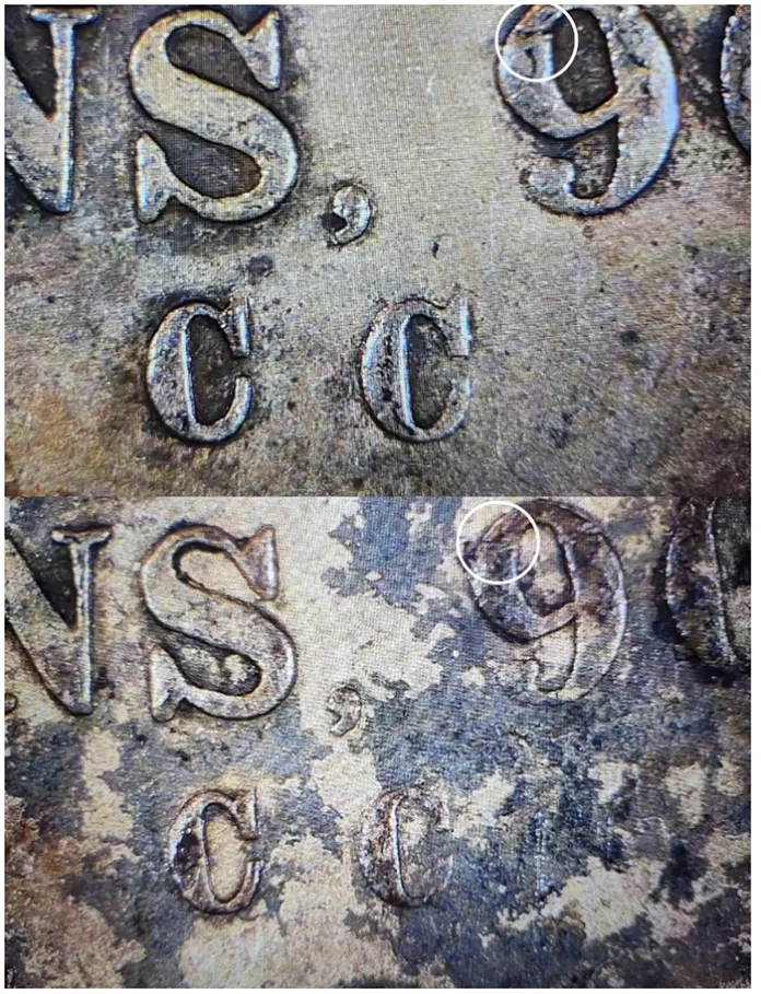 Fake 1875-CC Trade Dollar under magnification. Image: Jack Riley.